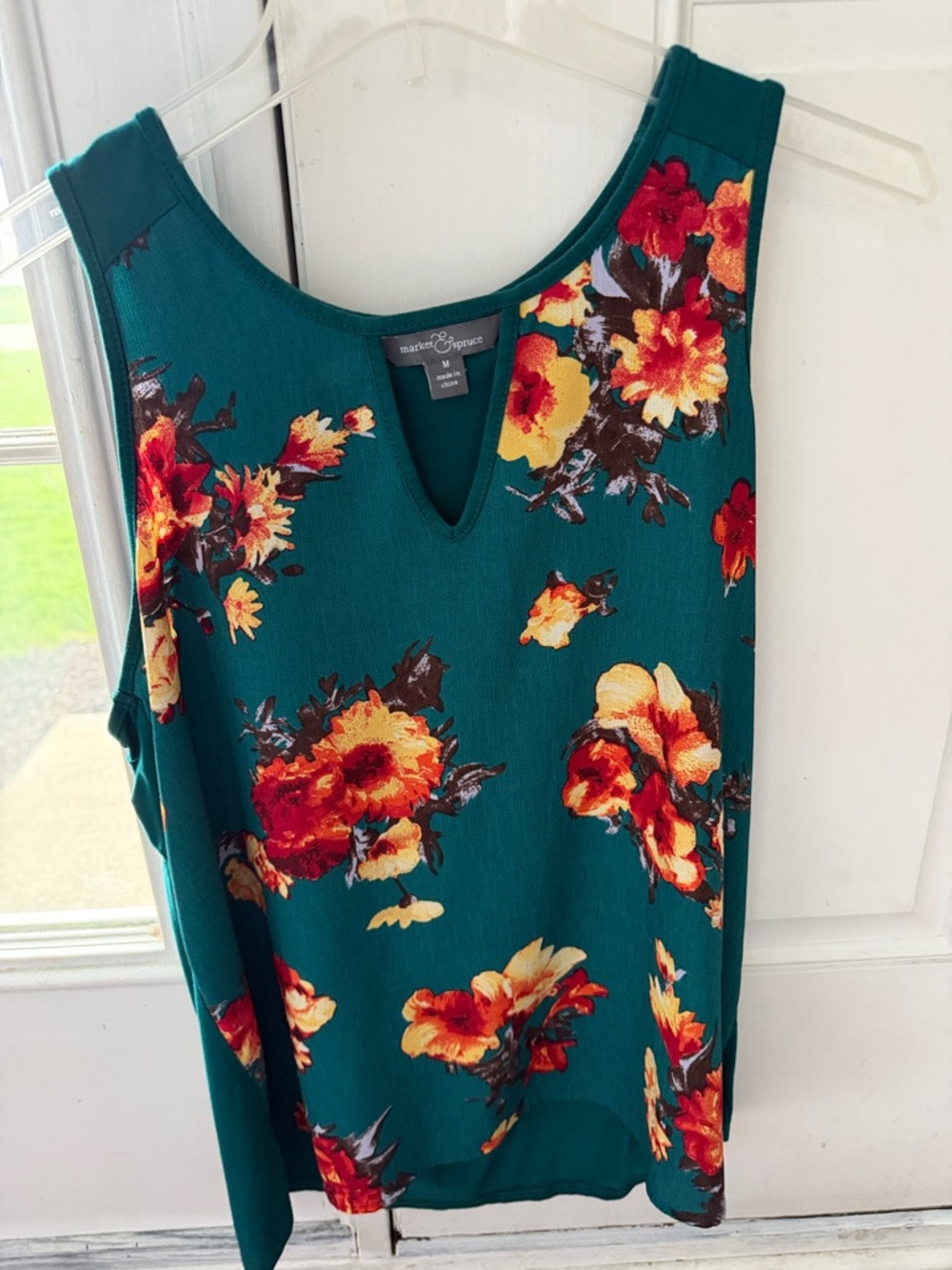 Teal Floral V-Neck Sleeveless Camisole with Red and Yellow Blooms